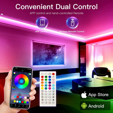 50 Feet LED Strip Lights With App And Remote Control Music Sync RGB Color Changing 16 Million Colors 100 Brightness Levels