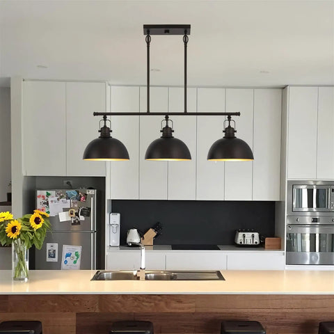 34 Inch Three Light Industrial Kitchen Island Pendant With Dome Shade Lighting Swivel Joints Brushed Nickel Finish Modern Farmhouse Style Chandelier For Kitchen Bar And Breakfast Nook Sleek And Functional in modern kitchen setting