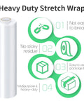 Heavy Duty Stretch Wrap With Handles Industrial Strength Moving Plastic Roll Sixty Gauge Shrink Film, clear roll with usage icons.