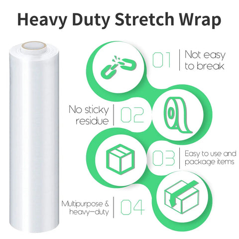 Heavy Duty Stretch Wrap With Handles Industrial Strength Moving Plastic Roll Sixty Gauge Shrink Film, clear roll with usage icons.