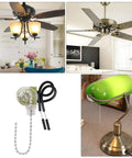 Three Pack Zing Ear ZE109 Two Wire Ceiling Fan Pull Chain Light Switch Replacement for Ceiling Fans, Wall Lamps, and Cabinet Lights Silver Finish Easy Install Durable Plastic Shell shown with ceiling fans and lamps