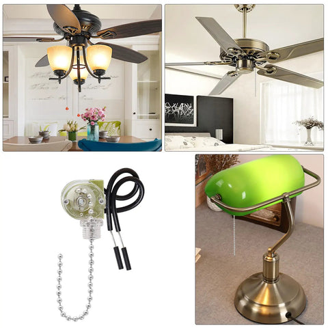 Three Pack Zing Ear ZE109 Two Wire Ceiling Fan Pull Chain Light Switch Replacement for Ceiling Fans, Wall Lamps, and Cabinet Lights Silver Finish Easy Install Durable Plastic Shell shown with ceiling fans and lamps