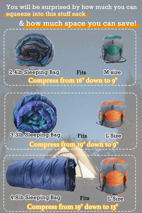 Ultralight Compression Sack For Sleeping Bags And Packable Gear Space Saving Stuff Sack For Camping Hiking And Backpacking 210T Tear Resistant Polyester Turquoise Small compressing sizes shown in image