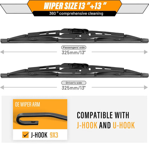 Jeep Wrangler TJ 13 Inch Wiper Blades Replacement Front Windshield All Weather Direct Fit Easy Install 1997-2006, J-hook compatible