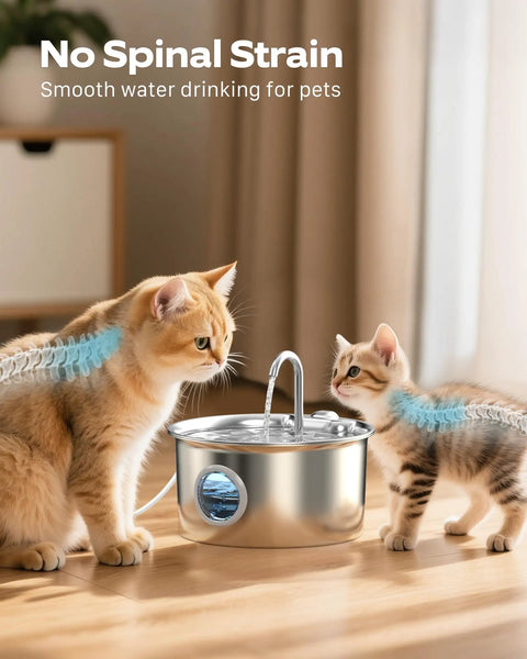 Cats drinking from Stainless Steel Cat Water Fountain 88oz 2.6L Quiet Indoor Pet Water Dispenser For Cats And Small Animals Hydration Bowl
