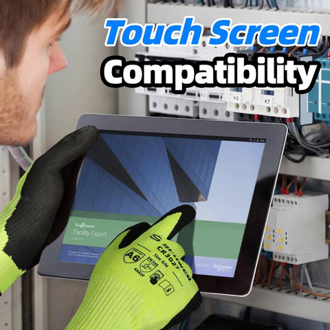 Two Pairs Cut Resistant Gloves ANSI A6 A7 Touchscreen Ready Work Gloves For Men And Women operating a tablet