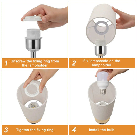Assembly steps for Dimmable Solid Wood Bedside Lamp With USB C Ports Compact Nightstand Light showing fixing ring and bulb installation.