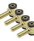 Heavy Duty Three Quarter Sixteen Thread Rod End Bushing Kit With Tough Polyurethane Sleeves And Left Right Heim Joints For Badass Suspension Builds And Custom Fabrication Rigs On The Road showing four brass rod ends with black bushings.