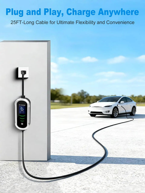 Level 1 and 2 EV Charger With 25ft Cable, Grab And Go Portable J1772 Charger for 120V to 240V, wall-mounted next to car