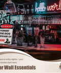 Hella Durable Metal Wall Art Sign For The Man Cave Featuring Funny Forget The Dog Beware Of Wife Quote In Rust Proof Aluminum Garage Decor That Is Legit Tough And Totally Bro Approved 12 By 8 Inch displayed on a bar is stylishly enhancing the ambiance with drinks and glow.