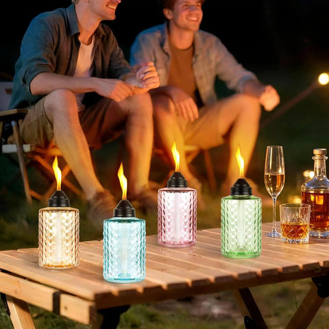 Tabletop Citronella Torches 4 Pack For Outdoor Lighting, Glass Torch Canisters With Wick And Cap, 12oz Each, Multi Color
