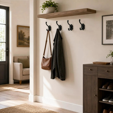 Solid Build Vintage Black Wall Hooks Heavy Duty Coat And Towel Rack Four Pack displayed with a brown bag and jacket hanging.