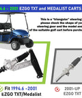 EZGO Steering Rack for 1994.6 to 2001 TXT and Medalist Golf Carts OEM 70314 G01 displayed with parts and cart model