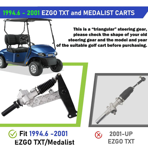 EZGO Steering Rack for 1994.6 to 2001 TXT and Medalist Golf Carts OEM 70314 G01 displayed with parts and cart model