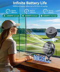 Magnetic Golf Cart Fan With 10000mAh Battery, Rechargeable, 3 Speeds, Up To 30 Hours Run Time, LED Lantern, 360 Degree Rotatable Head, Fits EZGO Club Car Golf Carts, Portable All Day Cooling For Your Rounds near a window with a golfer.