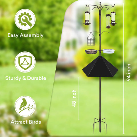 Six Hook Outdoor Bird Feeding Station Kit With 94 Inch Heavy Duty Pole Four Feeders Wide 19 Inch Metal Squirrel Baffle