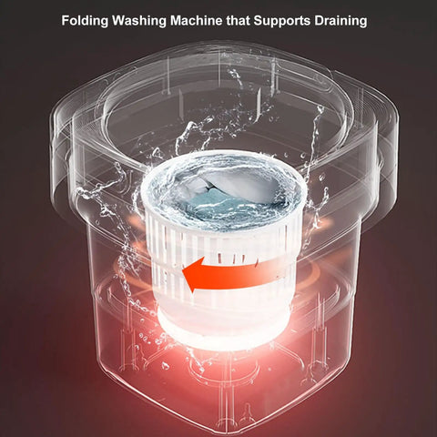 Compact Foldable Mini Washer With 6.5L Drum, Quick Spin Motor For Hassle Free Laundry, showing draining feature and water.