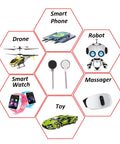 10 Pack Mini Vibration Motors 3V DC 12000 RPM Flat Coin Button Type Micro Vibrating Motors 10mm By 3mm For Mobile Phones Tablets And Home Gadgets And DIY Projects shown with devices like smartphone, toy robot, smart watches, drone, massager, toy car.