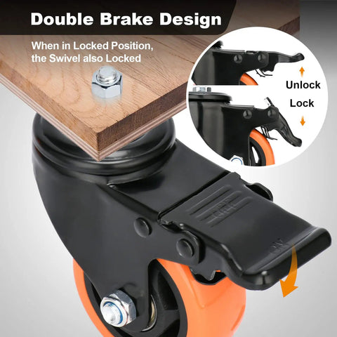 Hella Smooth Rolling Heavy Duty 3 Inch Stem Casters With 3/8-16 Thread And Dual Lock Brakes detail of double brake design on furniture cart.