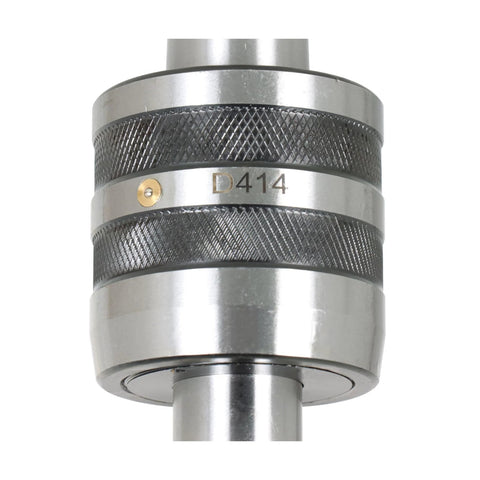 Close-up of MT4 live center for lathe; knurled steel body with D414 marking