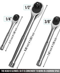 3 Piece Ratchet Set With 1/4 3/8 And 1/2 Inch Drive Ratchets, 72 Tooth Quick Release, CR V Handle, Teardrop Head, size comparison