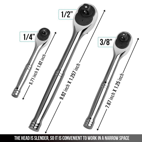 3 Piece Ratchet Set With 1/4 3/8 And 1/2 Inch Drive Ratchets, 72 Tooth Quick Release, CR V Handle, Teardrop Head, size comparison