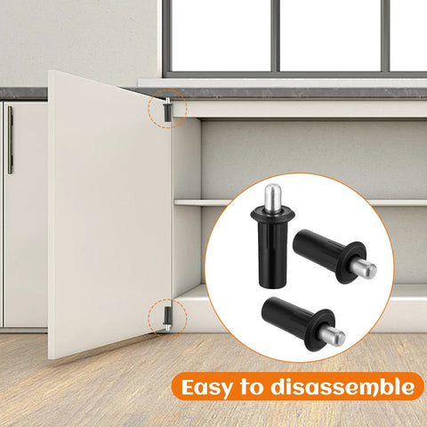 8 Piece Spring Hinge Pins For Cabinet Doors Damper Replacement Pins Spring Loaded Iron Cabinet Pins For Furniture Fittings And Shutters Ideal For Home Office And DIY Workshop Repairs, showing black pins next to an open cabinet door.