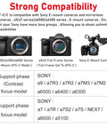 Compatibility chart for Canon EF To Sony E Mount Autofocus Speed Booster Adapter 0.71x with camera models shown.