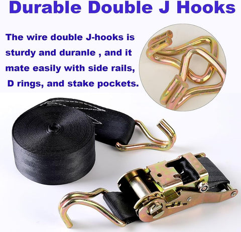 2 Pack Heavy Duty Ratchet Straps 10000 Lbs Break Strength 2 Inch By 40 Foot Black Tie Down Straps With Durable Double J Hooks