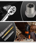 35 Piece Spiral Screw And Bolt Extractor Set With Left Handed Drill Bits in use, showing ratchet, extractor, and drilling process