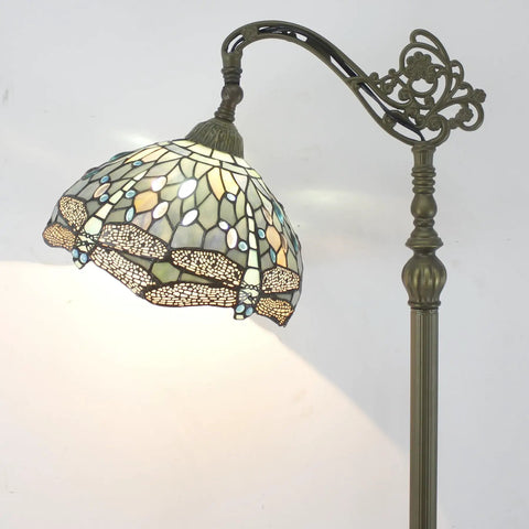 Showpiece Tiffany Style Reading Floor Lamp With Sea Blue Stained Glass And Crystal Bead Dragonfly Shade 64 Inch Tall Antique Bronze Base