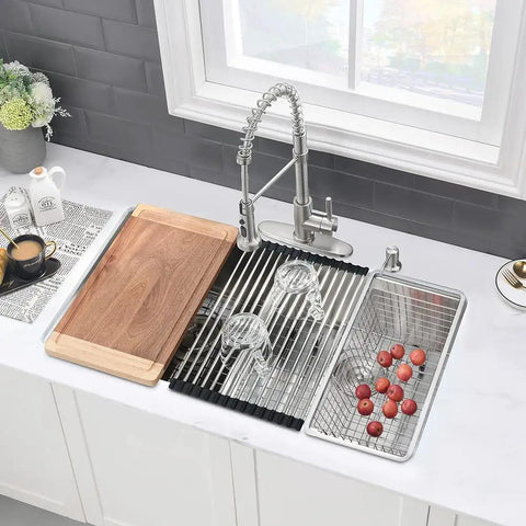 33 Inch Undermount Double Bowl Kitchen Sink Stainless Steel 16 Gauge Deep Basins With Cutting Board Rust Resistant Design