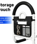 Close-up of Adjustable Bed Rail With Non Slip Handle And Handy Storage Pocket For Seniors, showing storage pouch filled with items.