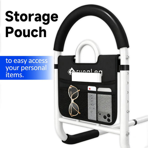 Close-up of Adjustable Bed Rail With Non Slip Handle And Handy Storage Pocket For Seniors, showing storage pouch filled with items.