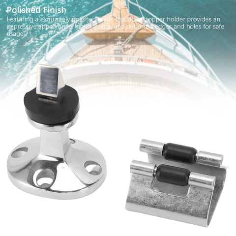 Heavy Duty 316 Stainless Steel Marine Door Stopper With Spring Roller Latch For Boat Yacht RV And Motorhome Keeps Doors Open Securely In Harsh Saltwater Environments, polished finish and rubber cushioning for safety.