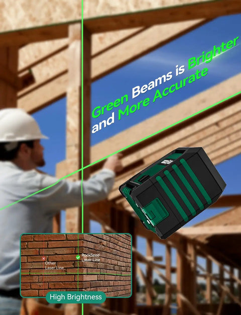 Dual Module Green Laser Level With Self Leveling, 150 Degree Vertical And 130 Degree Horizontal Coverage, Bright Green Beam, Includes 2 AA Batteries And Carrying Bag, Ideal For DIY Reno Renovations, Home Improvement, And Construction Sites on framing job