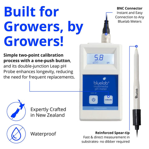 Front view of Multimedia PH Meter For Hydroponics And Soil, featuring LCD screen and probe, ideal for indoor gardens and aquariums.