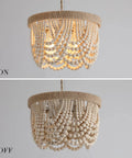 Boho Beaded Flush Mount Ceiling Light 3 Light Fixture In Rustic Antique White Wood Beads, Perfect For Nursery, Bedroom, Living Room, On-Off