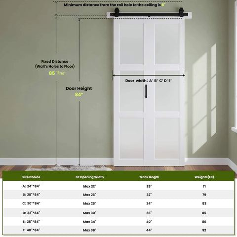 Frosted Glass Bifold Barn Door 36in x 84in with hardware and 40in track installed, pre-finished white MDF, in a room setting.