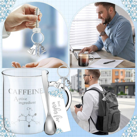 Lab Week Chemistry Gift Set Caffeine Beaker Coffee Mug With Metal Spoon Keychain Greeting Card and Gift Box collage