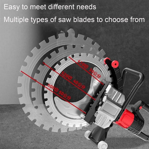 Badass 8900W Concrete Cutter Saw Smooth Wall Slicing Machine With Smart Water Pump showing various saw blade sizes.