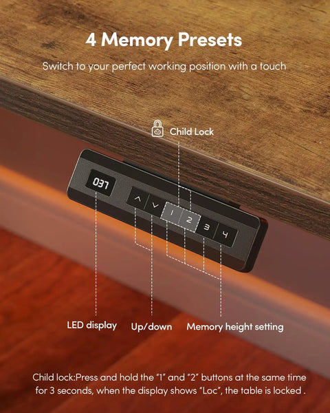 Control panel of Large One Piece Standing Desk 48 By 24 With Electric Height Adjustment showing 4 memory presets