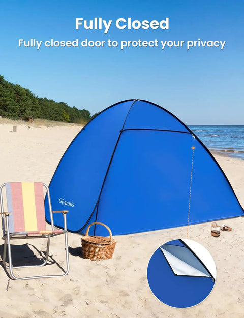 Pop Up Beach Tent Instant Portable Sun Shade Shelter for 1 to 2 People UPF Fifty Plus Protection on beach with closed door