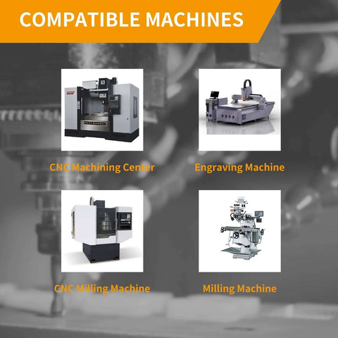 Graphic showing compatible machines: CNC machining center, engraving machine, CNC milling machine, milling machine.