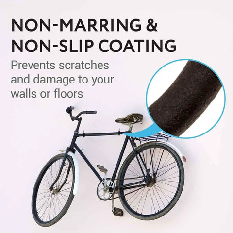 Zoom in on non-marring and non-slip coating of 4 Pack Garage Ceiling Bike Hooks Heavy Duty 100 Lbs Capacity Galvanized Steel with bicycle.