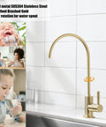 Brushed Gold Drinking Water Faucet For Kitchen Sink With Reverse Osmosis Filter, Lead Free Stainless Steel, 360° Rotating Tap
