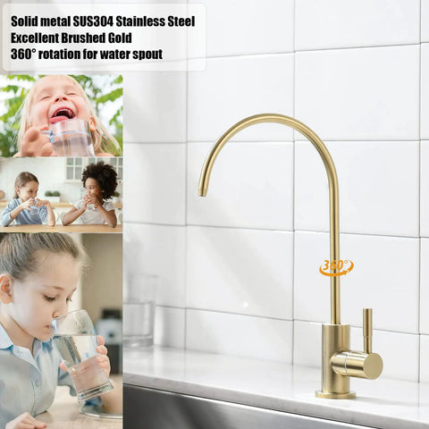 Brushed Gold Drinking Water Faucet For Kitchen Sink With Reverse Osmosis Filter, Lead Free Stainless Steel, 360° Rotating Tap