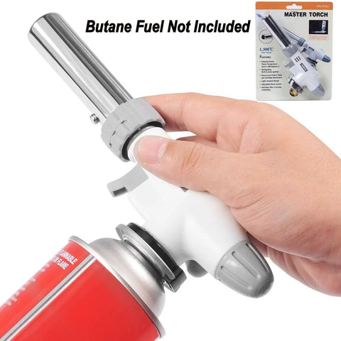 Hand using Versatile Butane Torch Lighter For Kitchen And BBQ Searing Meat Sous Vide Baking Grilling And Crafting Projects Like Jewelry DIY