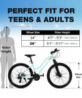 Womens 26 Inch Mountain Bike With Shimano 21 Speed Rear Derailleur Twist Grip Shifter Dual Disc Brakes Lockout Suspension Fork Steel Frame Two Point Three Five Inch Tires Eighty Five Percent Pre Assembled Ride Ready Cyan next to sizing chart for teens and adults.