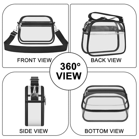 360° view of Clear Stadium Bag For Events, Compact Mini Purse With Crossbody Strap, 3 Pocket See-Through Hobo Style Purse